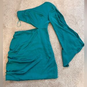 One-Shoulder Teal Green Dress with Dramatic Sleeve